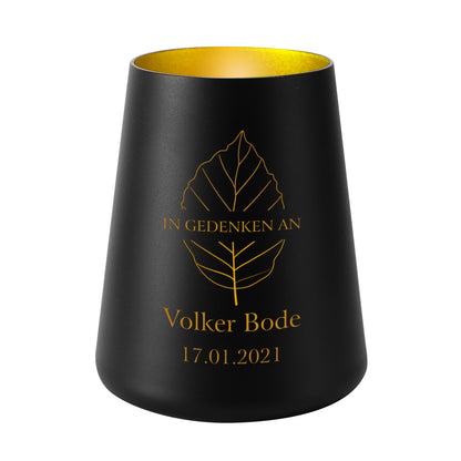 Trauerlicht mit Blatt-Motiv mit Name und Datum