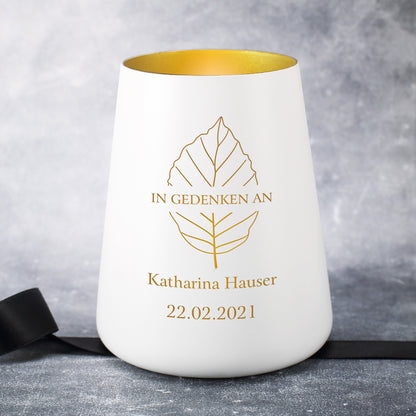 Trauerlicht mit Blatt-Motiv mit Name und Datum