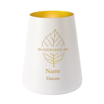 Trauerlicht mit Blatt-Motiv mit Name und Datum