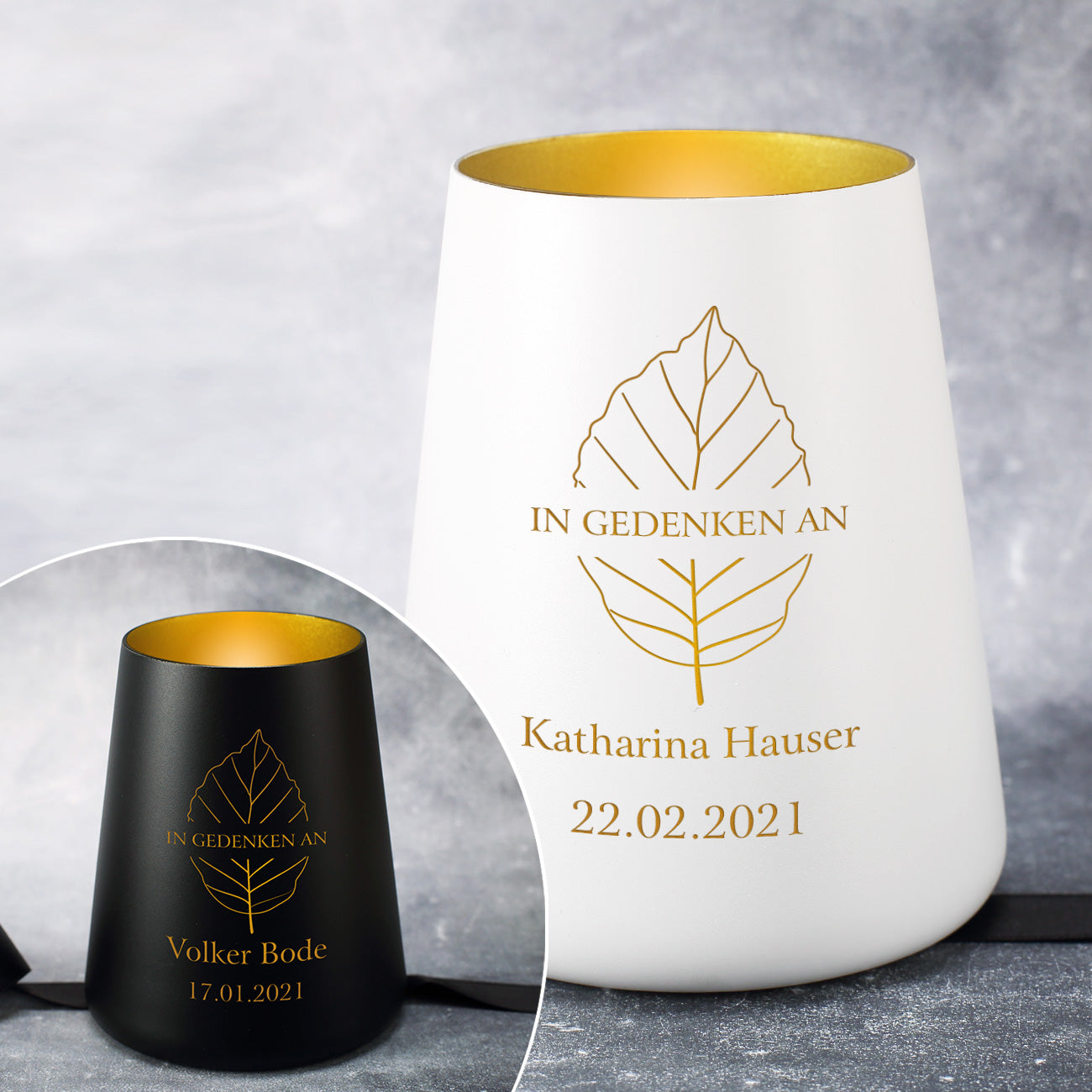 Trauerlicht mit Blatt-Motiv mit Name und Datum