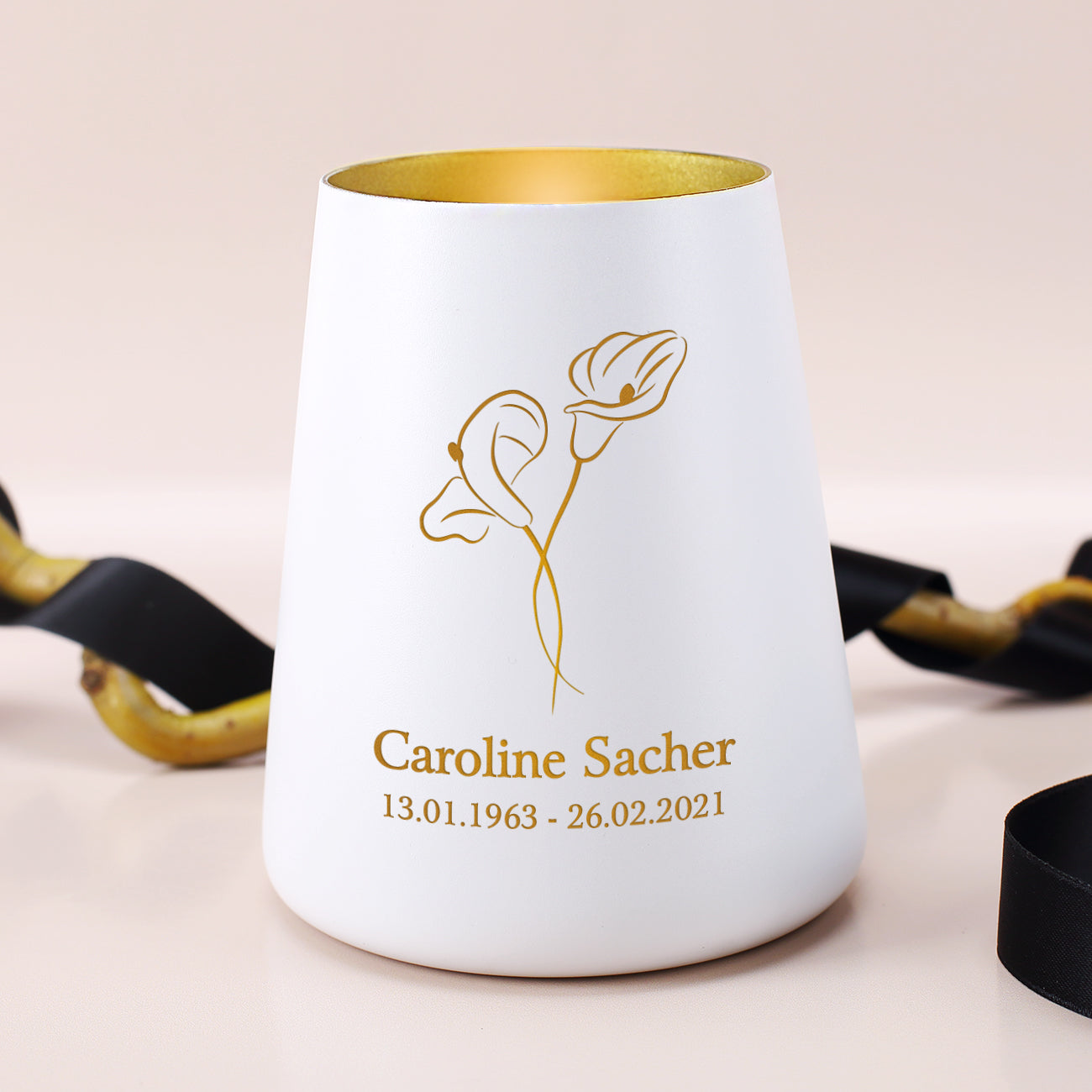 Trauerlicht mit zwei Callas und Namens- und Datum Gravur