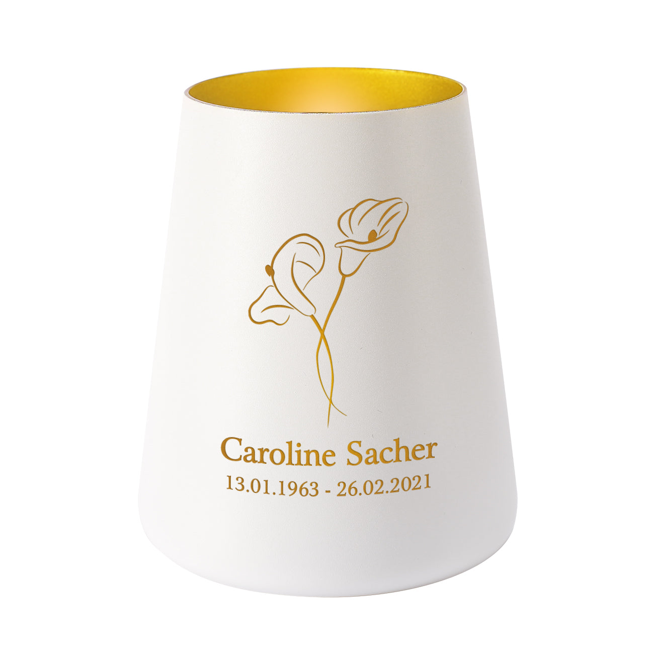 Trauerlicht mit zwei Callas und Namens- und Datum Gravur