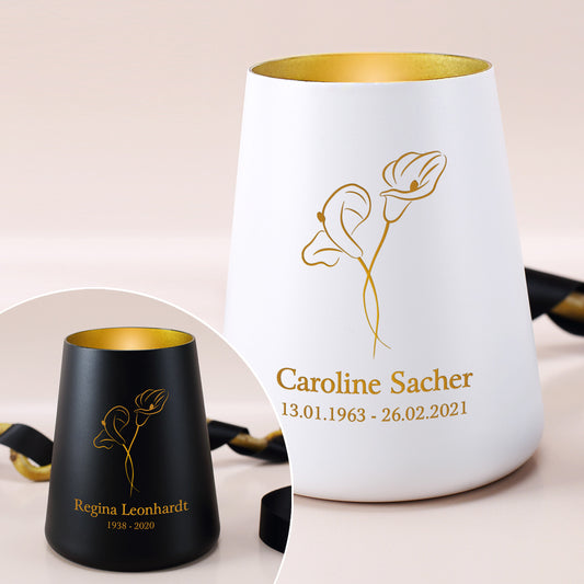 Trauerlicht mit zwei Callas und Namens- und Datum Gravur