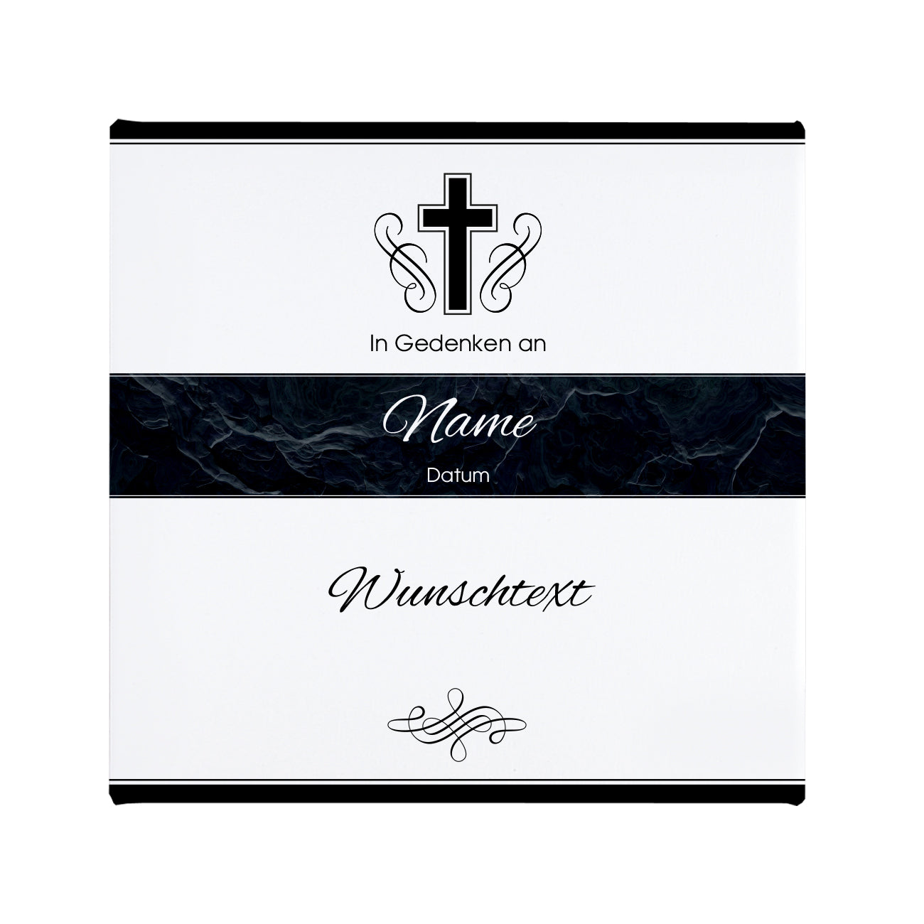 Gedenkleinwand mit Kreuz, Name und Wunschtext -  20 x 20 cm