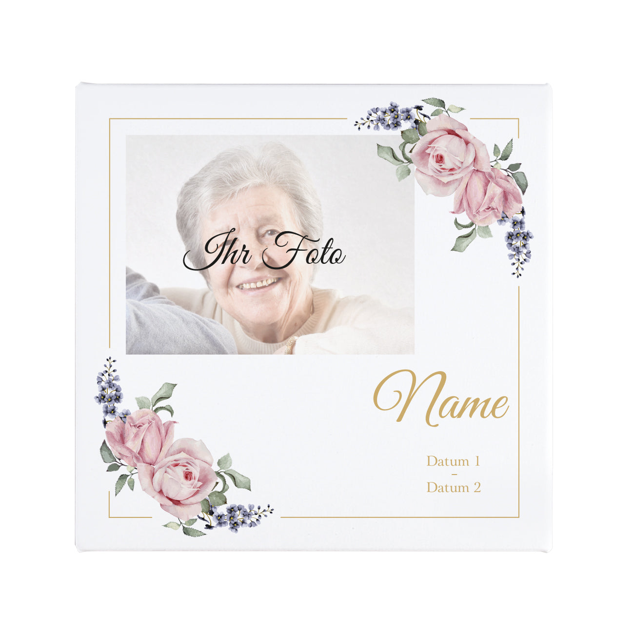 Leinwand zur Erinnerung mit Name, Foto und Blumen