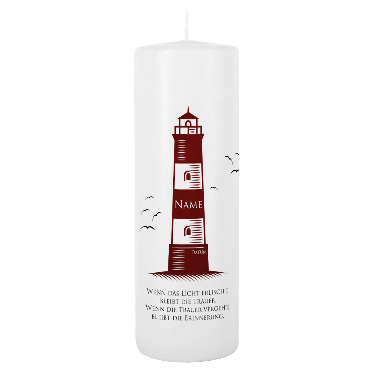 Gedenkkerze mit Leuchtturm, Name und Datum