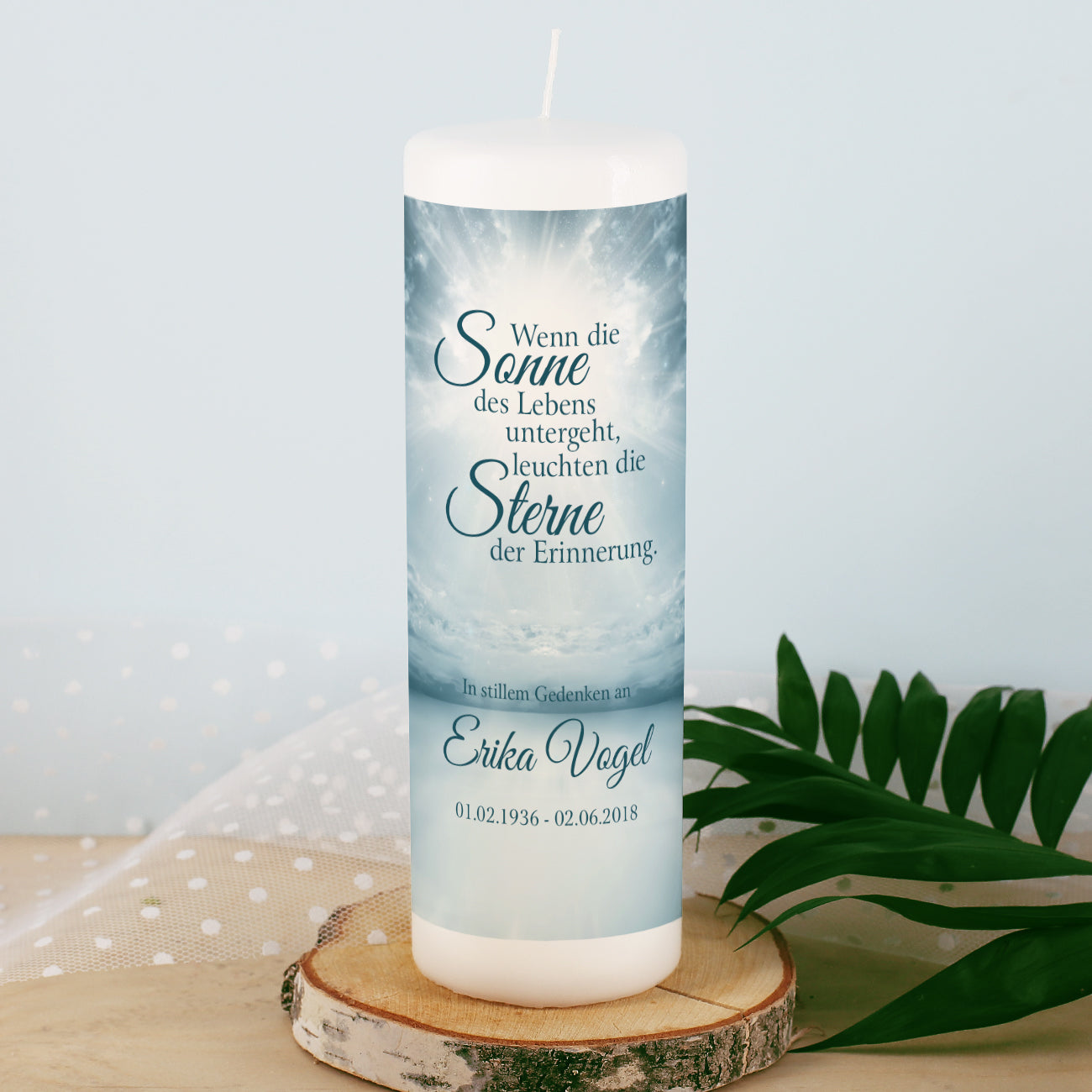 Trauerkerze mit Name und Datum - Wenn die Sonne des Lebens untergeht