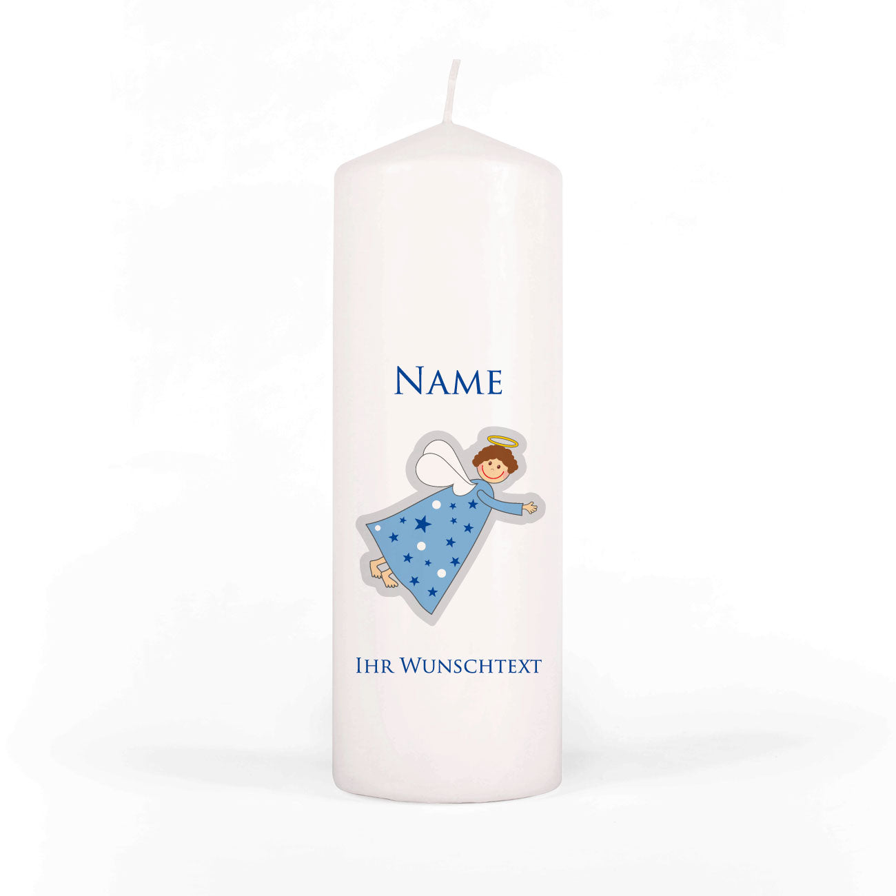 Sternenkinder-Kerze mit Engel und Name - blau