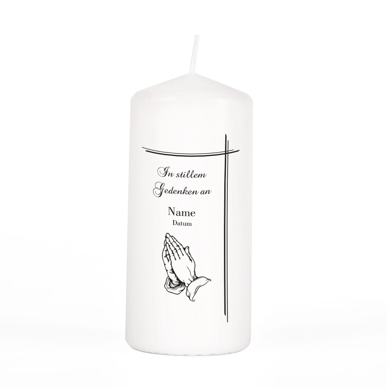 Kleine Gedenkkerze mit betenden Händen und Name