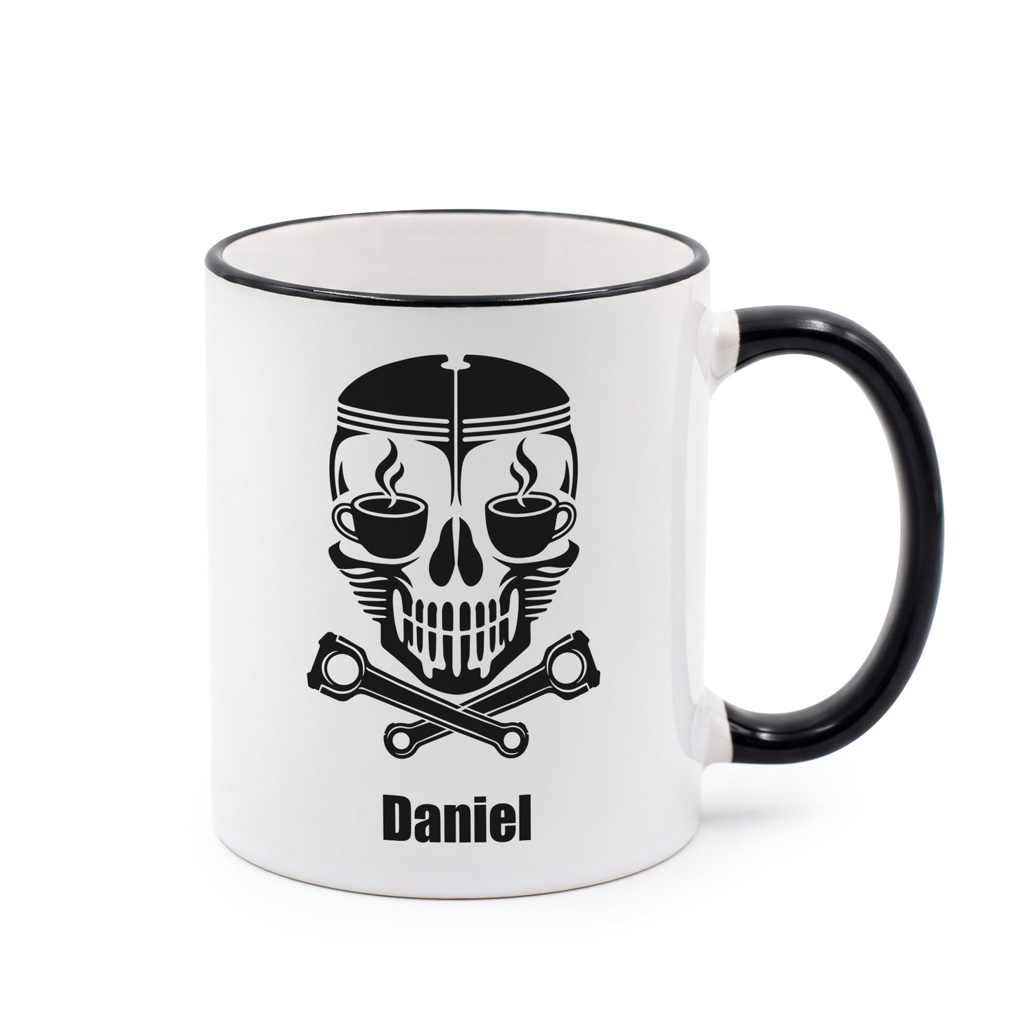 Schwarze Rand Henkel Tasse mit Totenkopf und Name