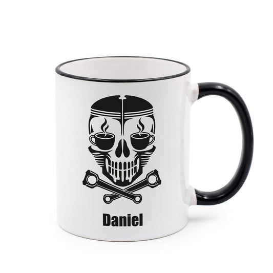 Schwarze Rand Henkel Tasse mit Totenkopf und Name