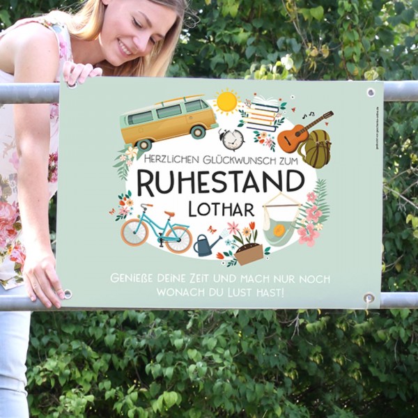 Banner mit Glückwunsch zum Ruhestand, mit Name und Wunschtext