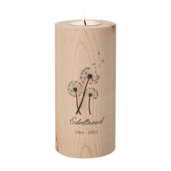 Teelichthalter aus Holz, rund, mit Trauermotiv "Pusteblume"