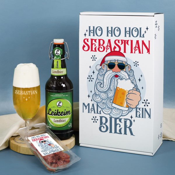 Geschenkset zu Weihnachten mit graviertem Bierglas und Bierflasche mit Wurstpralinen