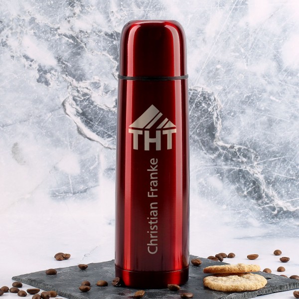 rote Thermosflasche mit Name und Firmenlogo