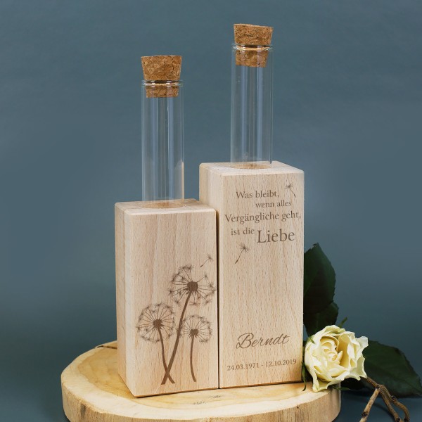 Reagenzglas in Holzvase Trauermotiv "Pusteblume" Beispiel