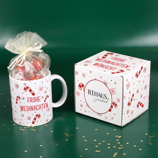 Süßes Weihnachtspräsent - Tasse gefüllt mit Lindor-Kugeln und Geschenkverpackung