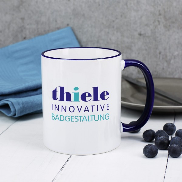 Tasse, Rand u. Henkel dunkelblau inkl. Druck des Logos